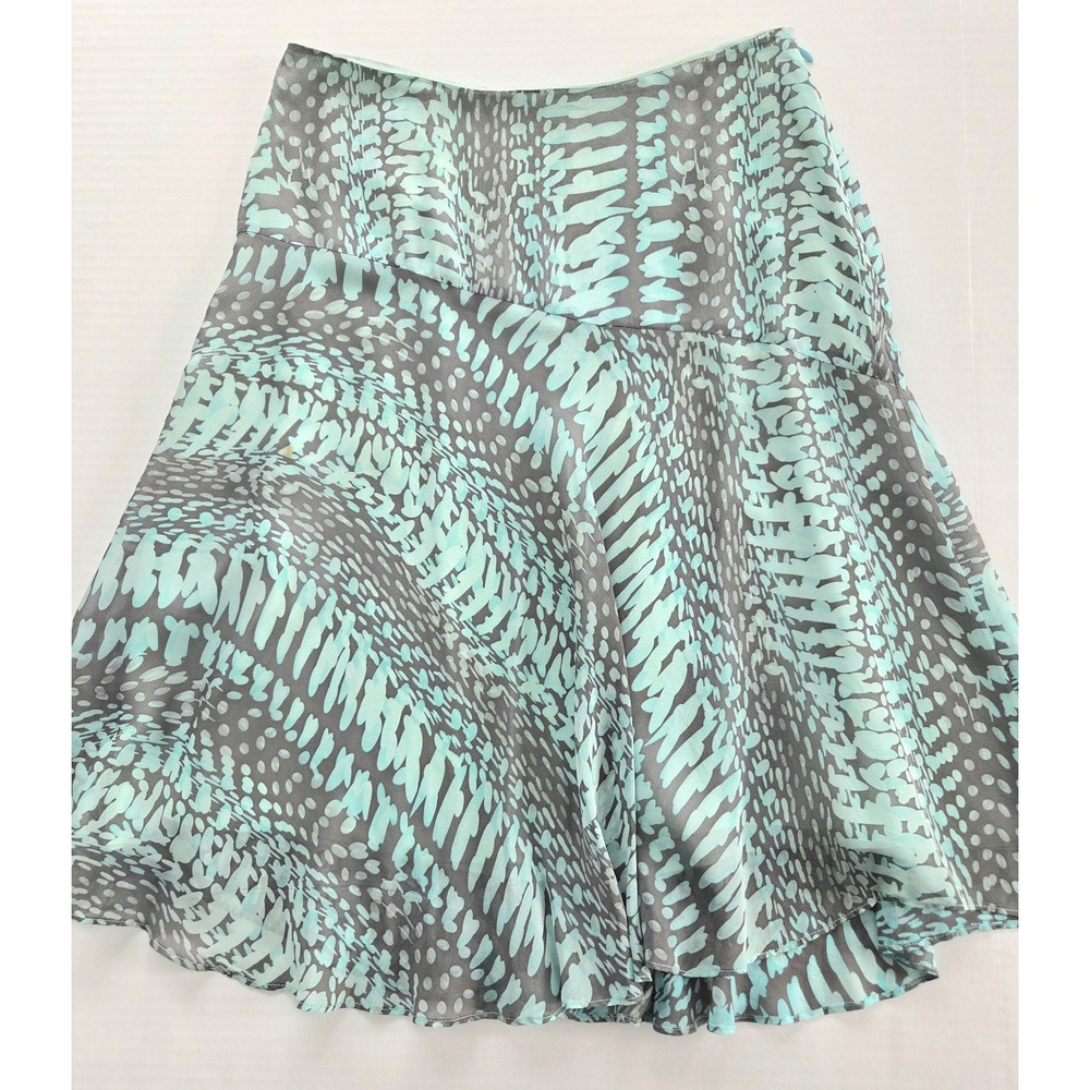 Liliu Women Silk A-Line Skirt Aqua Blue Grey Abstract Print Size 2 Side Zip Mid